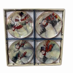 Susan Winget Snowman Mini Plates Set of 4 Christmas Ceramic Decor 4.5" NEW